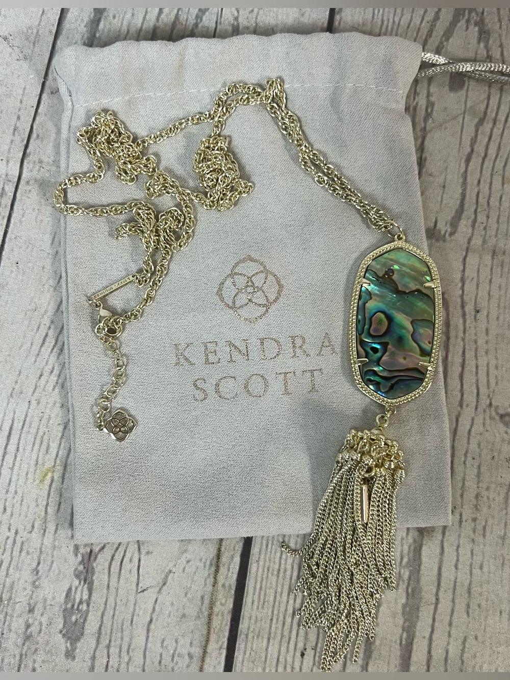 Kendra Scott Rayne Necklace Abalone Shell Tassel Long Gold Tone Chain 30”